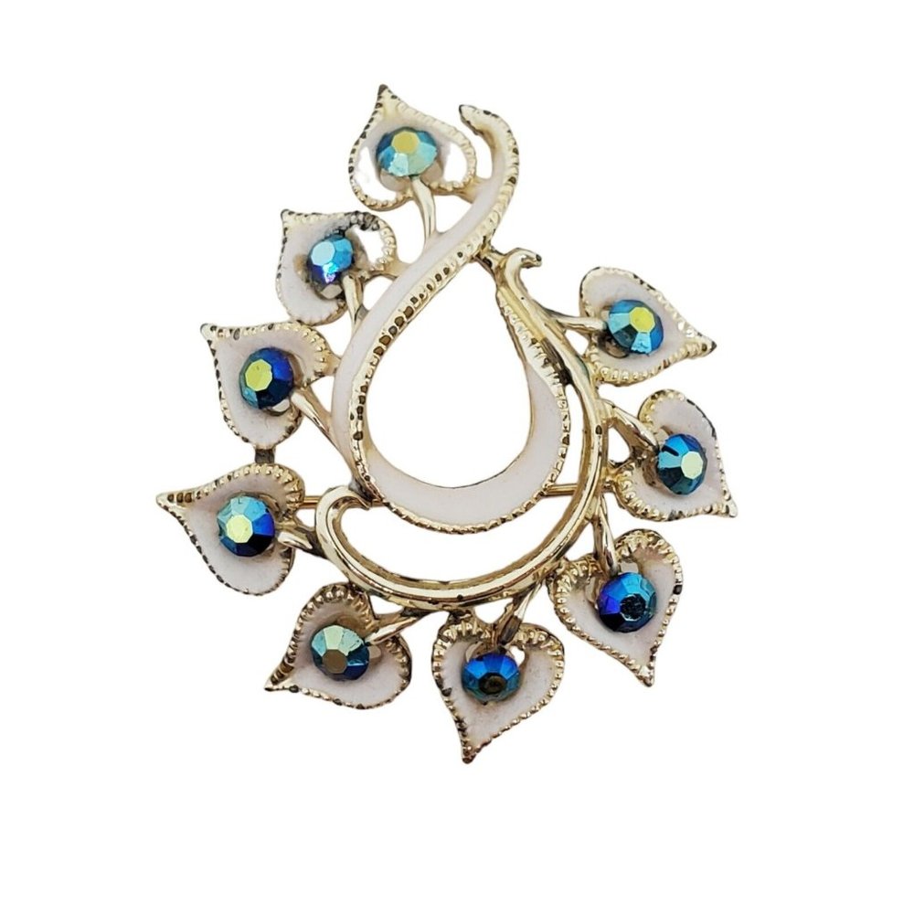 Vtg Enamel Arora Borealis Brooch Pin Peacock Gold Tone White Blue Green Crystals
